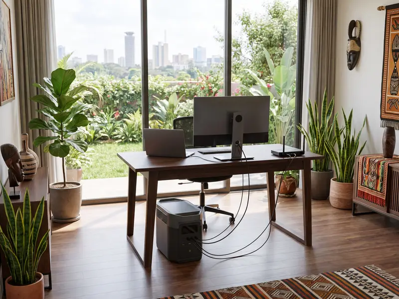 A portable power station under a desk running a laptop, monitor and router in a modern home office