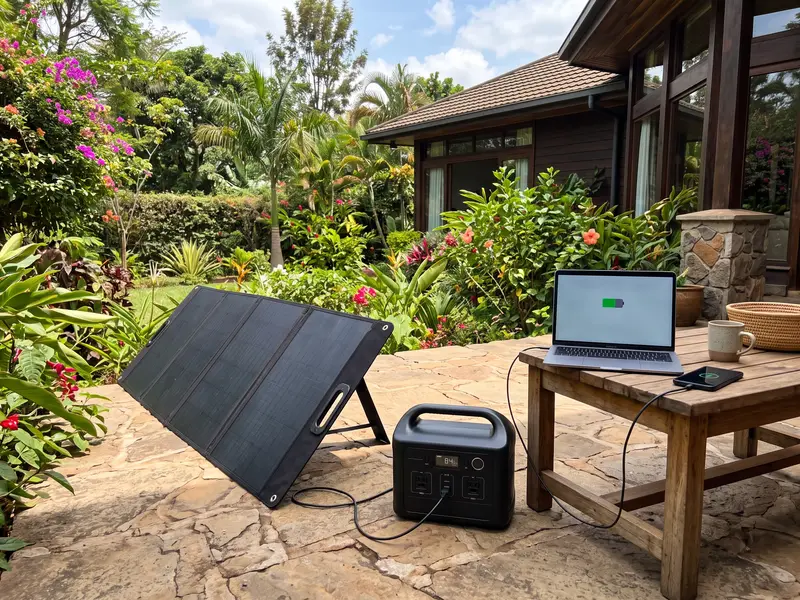 A portable power station charging from a folding solar panel on the patio of a modern home