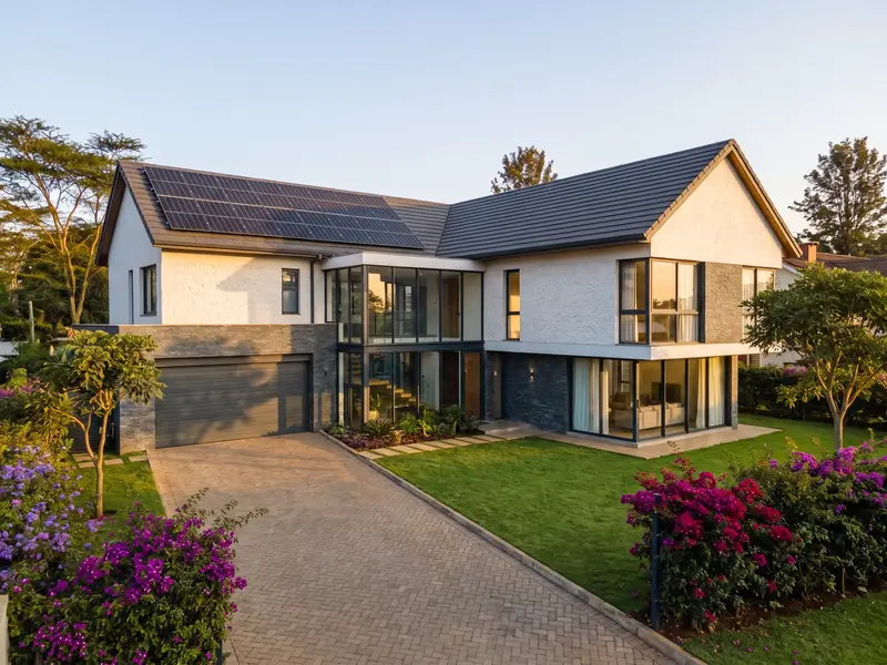 A modern two-storey house in a Nairobi estate with black solar panels on its tiled roof