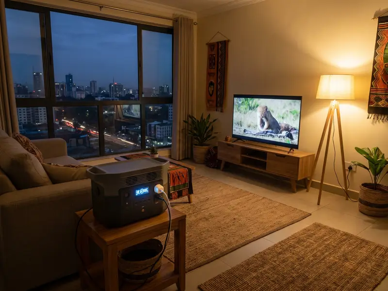 A portable power station on a side table running a lamp and TV in a modern living room during a power cut
