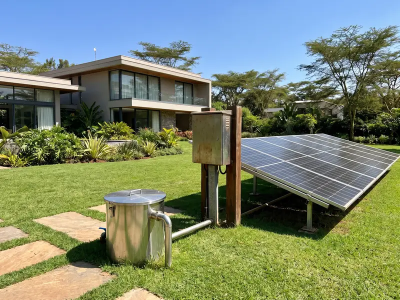 A borehole head and pump controller powered by solar panels in the compound of a modern home