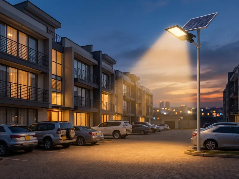 A solar flood light lighting the parking forecourt of a modern townhouse complex at dusk