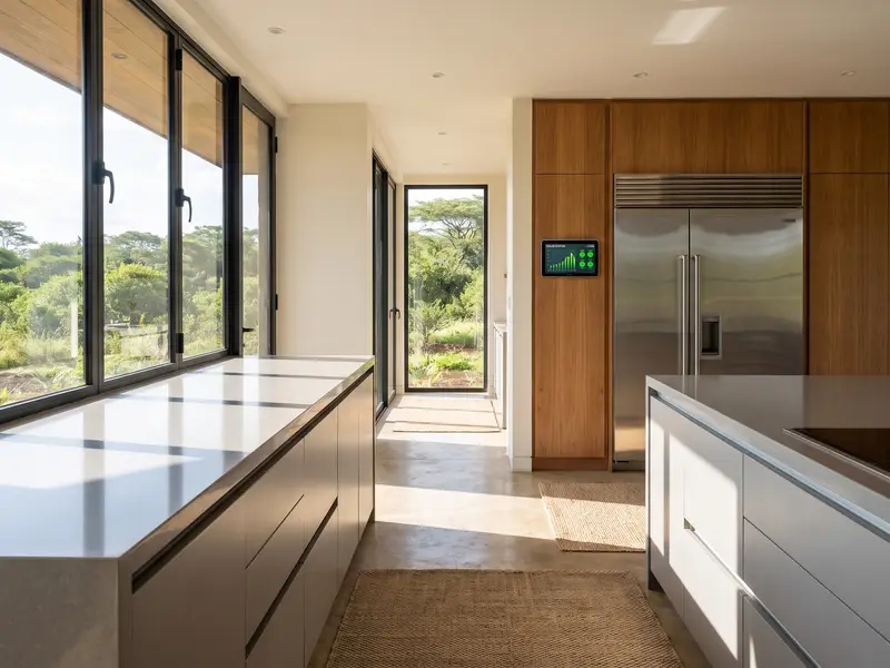 A modern open-plan kitchen with a large fridge and a solar power display on the wall