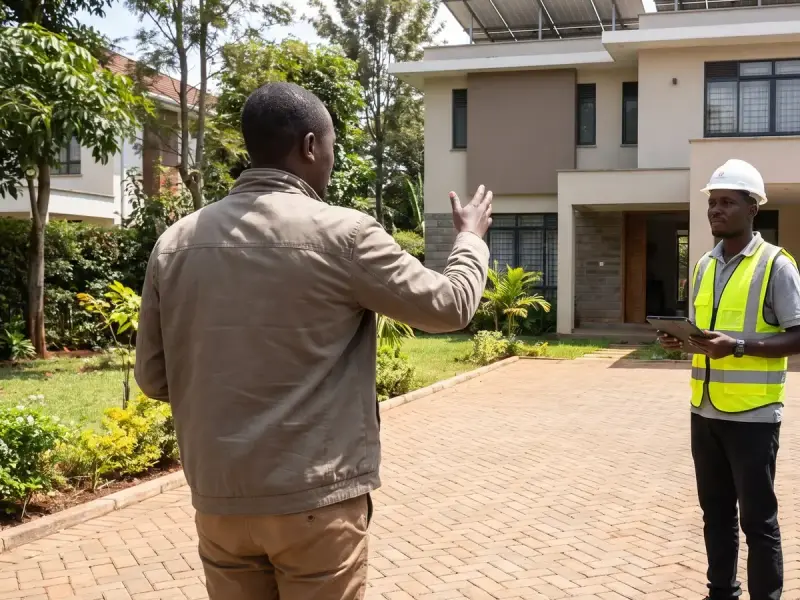 A homeowner and a solar installer on a site visit outside a modern house with solar panels