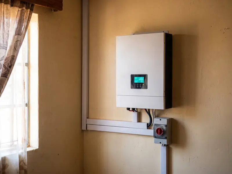 A solar hybrid inverter mounted on a wall with an isolator below it