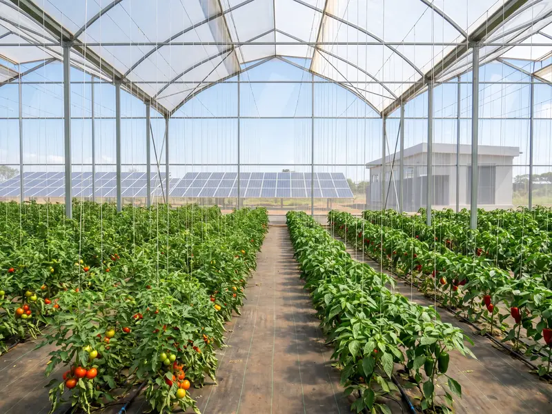 Drip irrigation lines through tomatoes and capsicum in a greenhouse, with solar panels outside