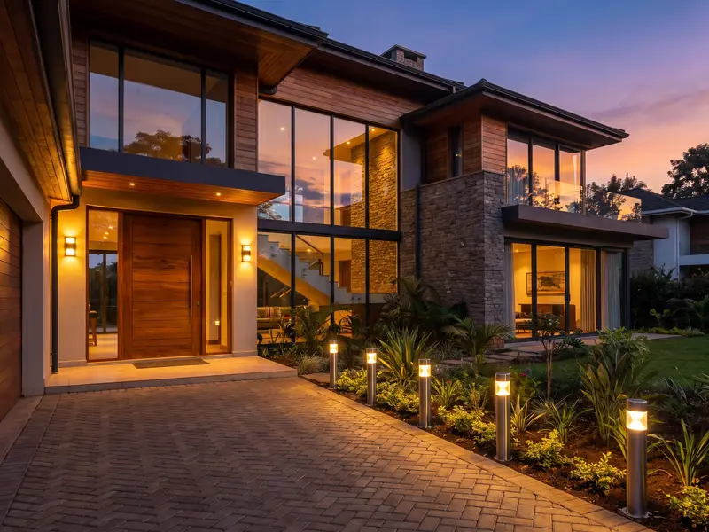 A modern home at dusk lit by solar wall lights and solar bollard lights along the driveway