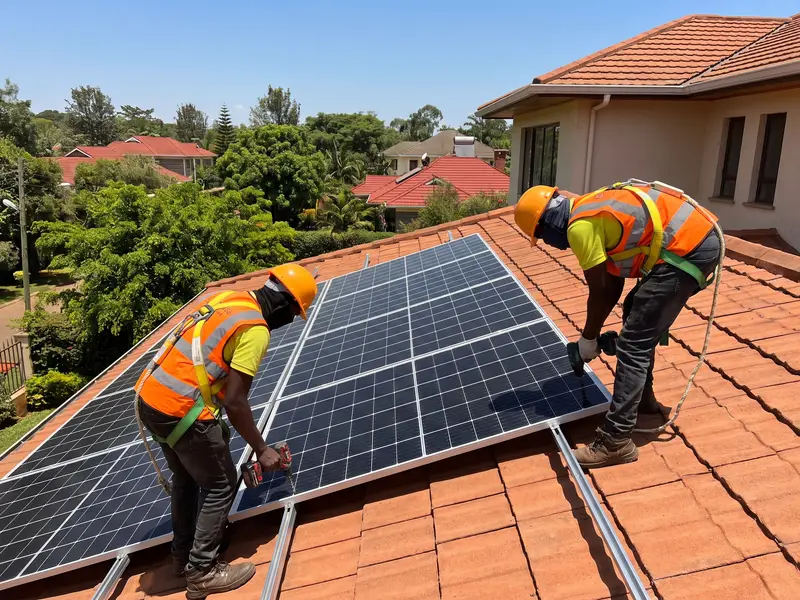 Two technicians fitting black solar panels on the tiled roof of a modern house