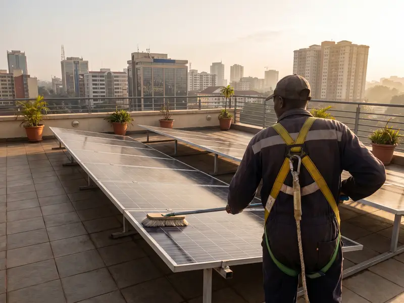 A technician cleaning solar panels on an apartment rooftop with the city skyline behind