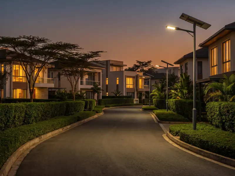 Solar street lights along a paved road in a gated residential estate at dusk