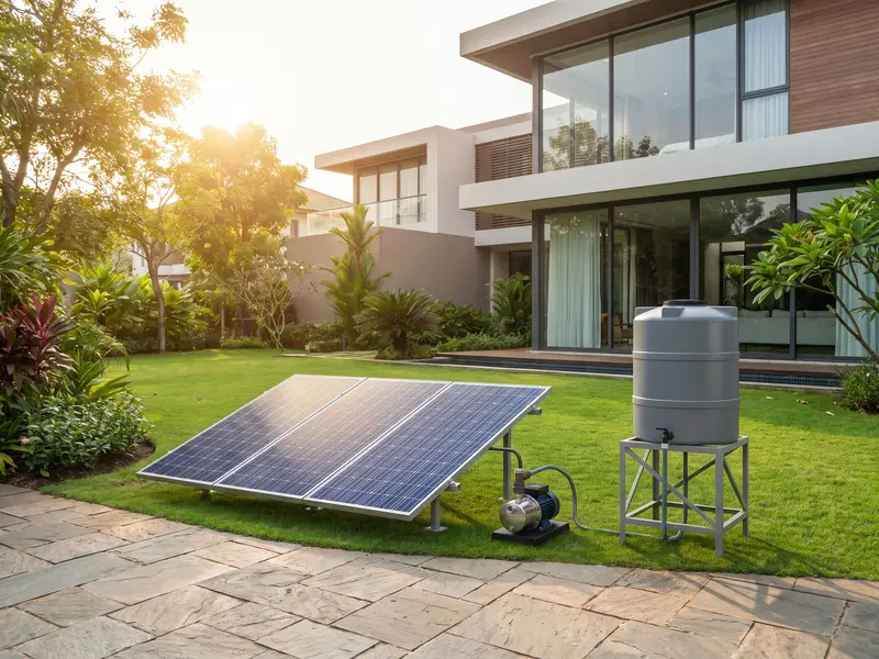 A ground-mounted solar panel frame running a water pump in the garden of a modern villa